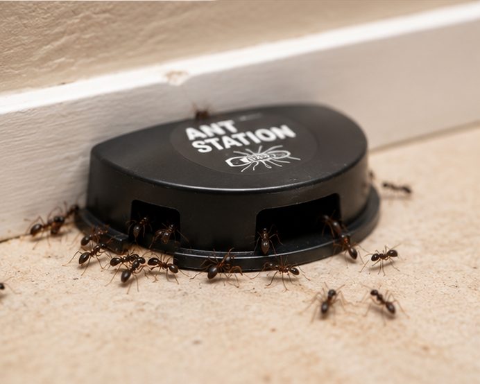 Ants clustered at a bait station placed on an active foraging trail