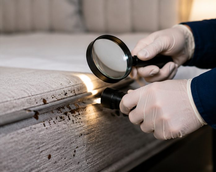 Bed bug inspection of a bed frame joint using a magnifier and torch