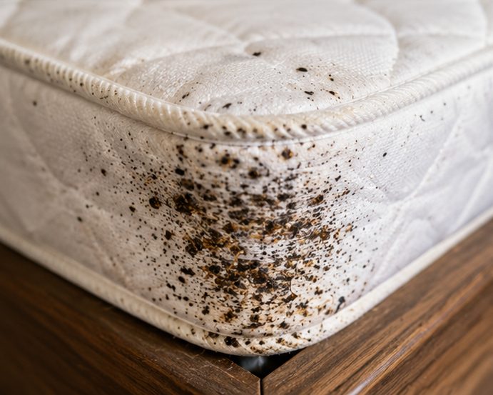 Bed bugs and dark spotting along a mattress seam