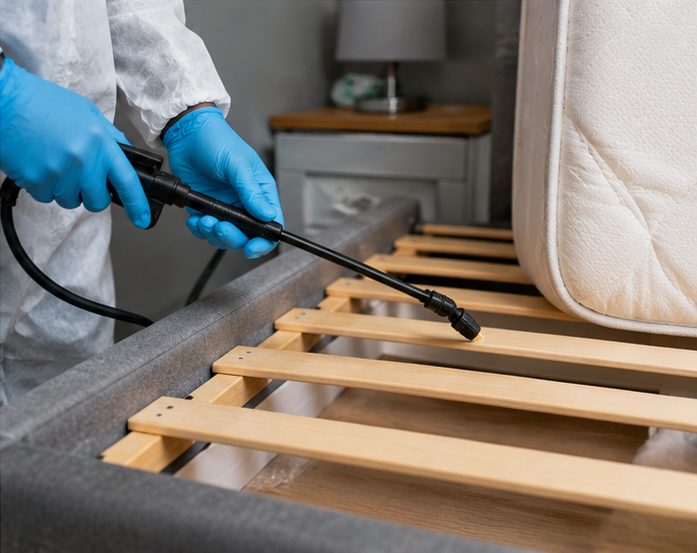 Professional bed bug treatment being applied to a stripped bed frame and slats