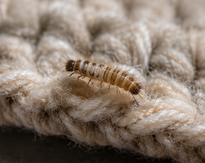 Carpet moth larva feeding on a wool rug — the larvae do the damage, not the adults