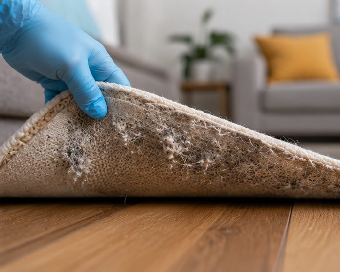 Rug lifted to reveal carpet moth larvae and debris underneath, where the pile is undisturbed