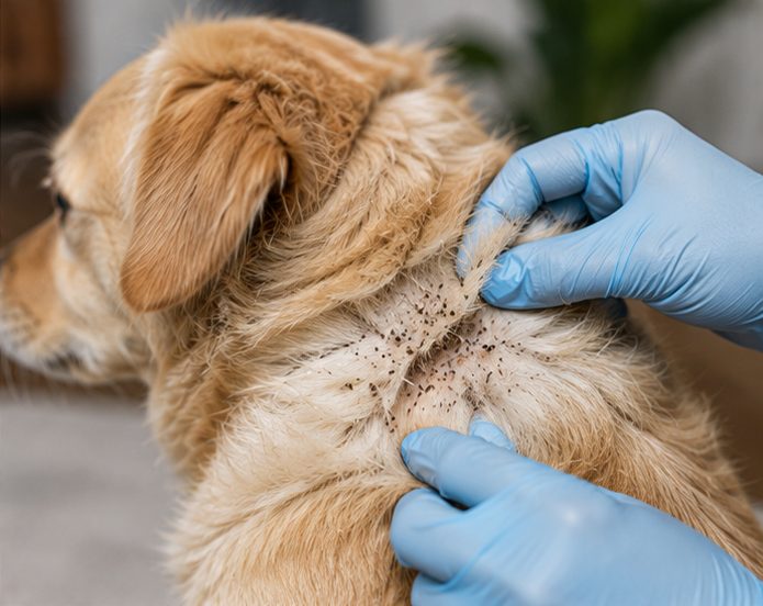 Checking a dog's coat for fleas and flea dirt — treating the animal is only part of the job