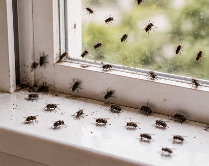 Large numbers of flies gathered at a window, a sign of a breeding source inside the property