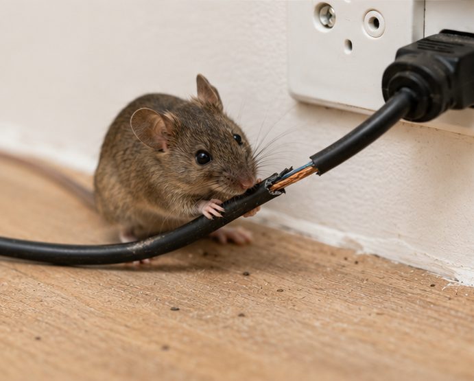 House mouse gnawing through electrical cable at skirting level