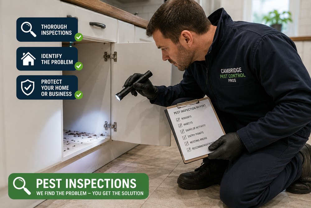 Cambridge Pest Control Pros technician carrying out a pest inspection, checking under a kitchen unit and recording findings on a survey report