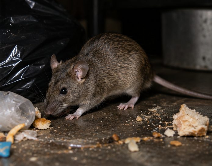 Brown rat feeding on food waste beside bin bags, a common garden attractant