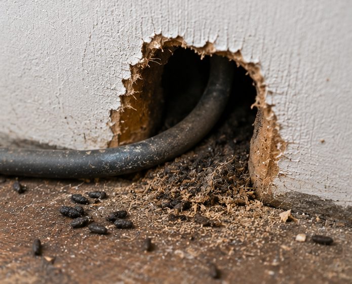 Cable entry gnawed open by rats, with droppings below — a typical access point