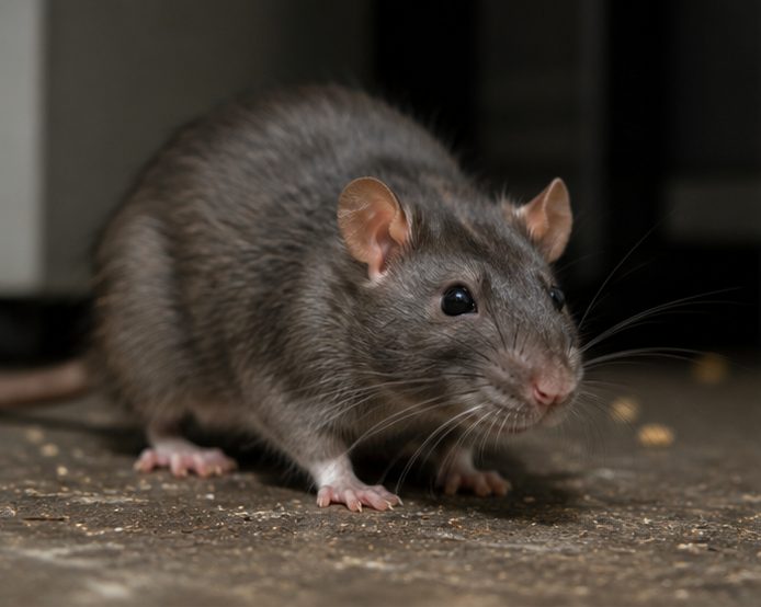 Brown rat on a concrete floor facing the camera, showing the blunt muzzle and small ears that distinguish a rat from a mouse