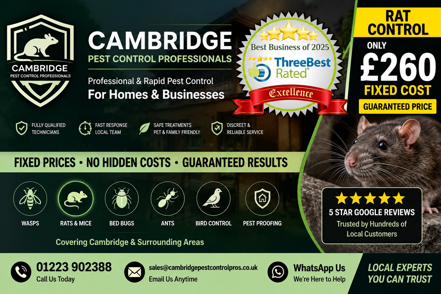 Cambridge Pest Control Professionals - rat control from £260, fully qualified technicians, fast response local team, safe treatments. Call 01223 902388