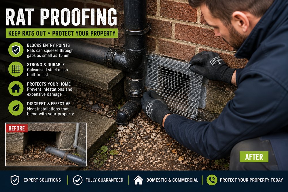 Cambridge Pest Control Pros technician fitting galvanised steel mesh over an open airbrick to block a rat entry point, shown before and after