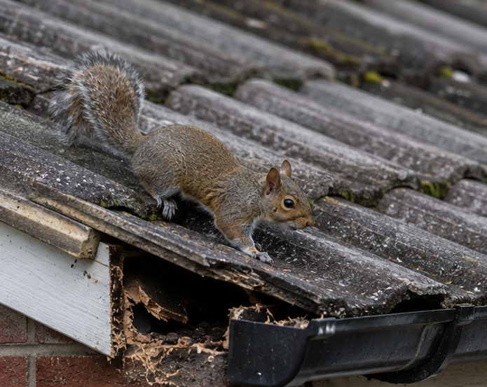 Grey squirrel on a roof at a damaged soffit, the usual way into a loft