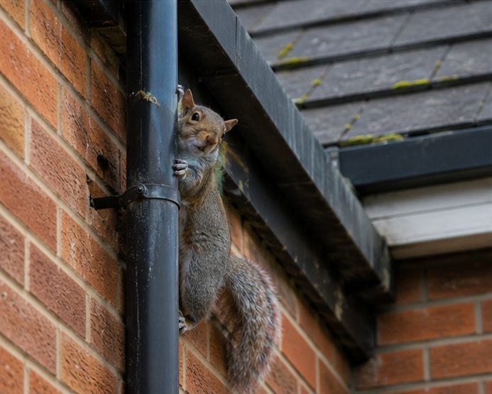 Grey squirrel climbing a downpipe to reach the roofline of a house