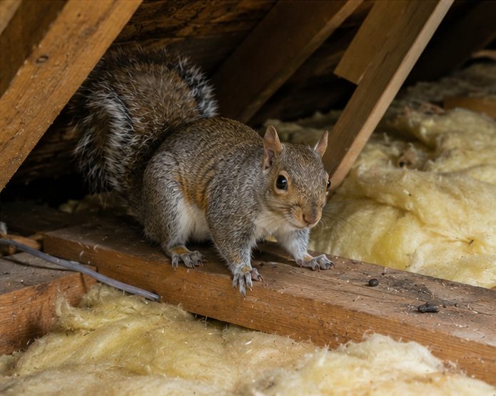 Grey squirrel in a loft among disturbed insulation and roof timbers