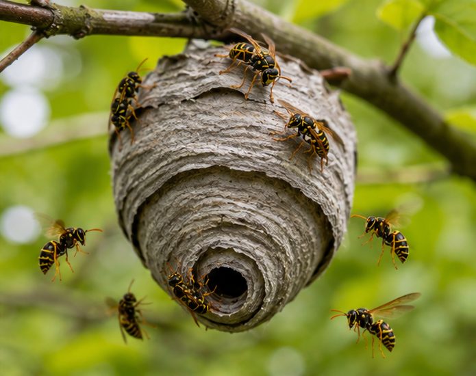 Aerial wasp nest hanging from a branch with wasps flying in and out of the entrance