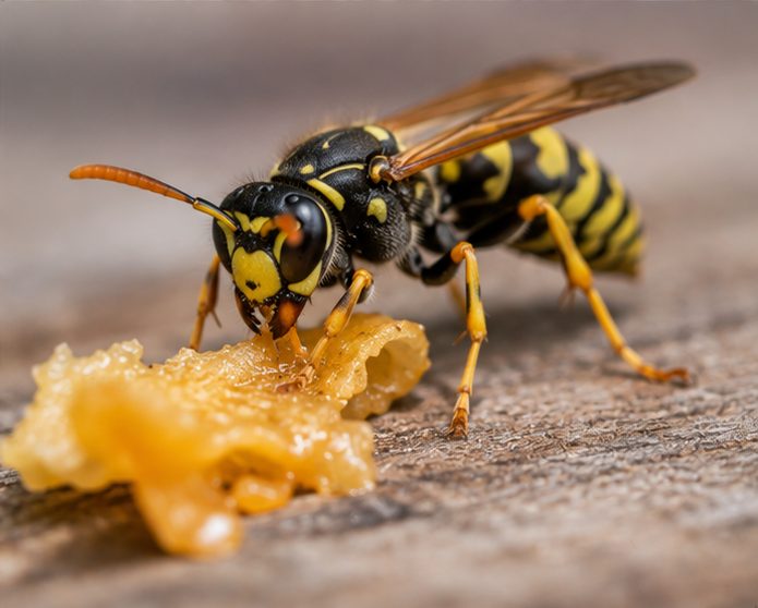 Common wasp feeding on fallen fruit in late summer, when the colony switches to sugar